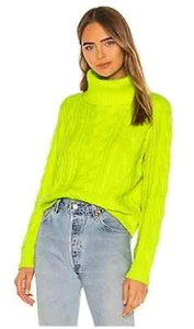 Alice + Olivia Wool Cable Knit Long Sleeve Turtleneck Sweater Neon Yellow S - Picture 1 of 7