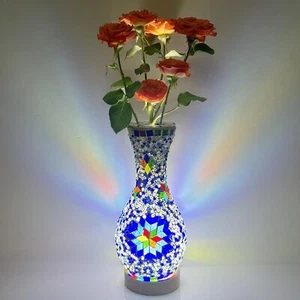 Handmade Turkish Moroccan Mosaic Table Lamp Vase with Wood Base Night Light - Picture 1 of 8
