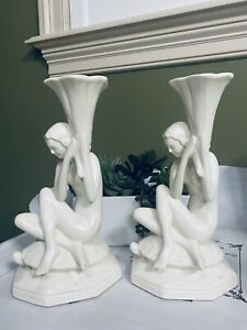 Pair 1930 Red Wing RumRill Athenian Nude Girl On Turtle Candlestick Art Deco 576