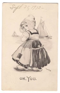 OH YOU, DUTCH GIRL B&W Sailboats SHIPS Postcard Bernhardt Wall Signed DB 1912 - Picture 1 of 2