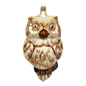 Brown White Owl Christmas Ornament Large Hand Blown Glass Holiday Poland - Picture 1 of 8
