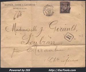 FRANCE LETTRE RECOMMANDÉE POUR BORDEAUX CAD CHARGEMENTS DU 10/11/1887 - Picture 1 of 2