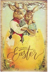 Cartolina pasquale vintage RETRO antica NUOVA RISTAMPA coniglietto coniglio coppia dentro uovo - Foto 1 di 2