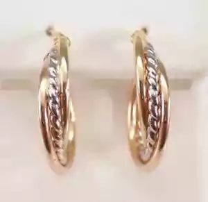 Vintage Estate Tri Color Women's Twisted Hoop Earrings 14K Yellow Gold Plated - Picture 1 of 9