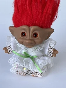 Troll Pink Hair Doll Vintage White Dress Green Bow 4.5" - Picture 1 of 7