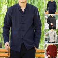 Men Chinese Retro Kung Fu Shirt Tops Tang Suit Full Sleeve Casual Blouse T Shirt