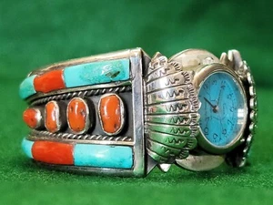 Old Pawn Turquoise Coral Signed LJ Navajo 925 Sterling Watch Cuff Bracelet  - Picture 1 of 21