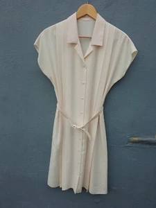 Vintage 70s Cream Tea Dress Womens Size 12 Collar Pleated Belt Wedding Cottage - Picture 1 of 13
