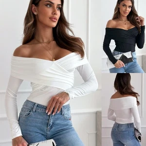 UK Women's Bardots Off Shoulder Long Sleeve Sexy Low Cut Tops Blouse Shirts SIZE - Picture 1 of 12