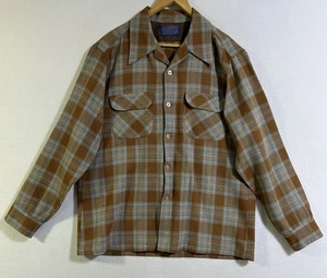 VTG Pendleton Wool Board Shirt 60s Loop Collar Blue Brown Gold Plaid Men L Rare - Picture 1 of 9
