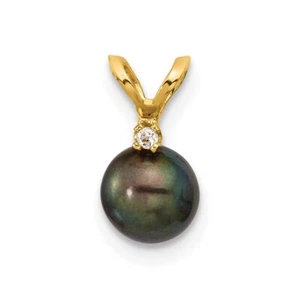 14k Yellow Gold 5-6mm Round Black FWC Pearl and .01ct Diamond Pendant 0.29gm - Picture 1 of 4