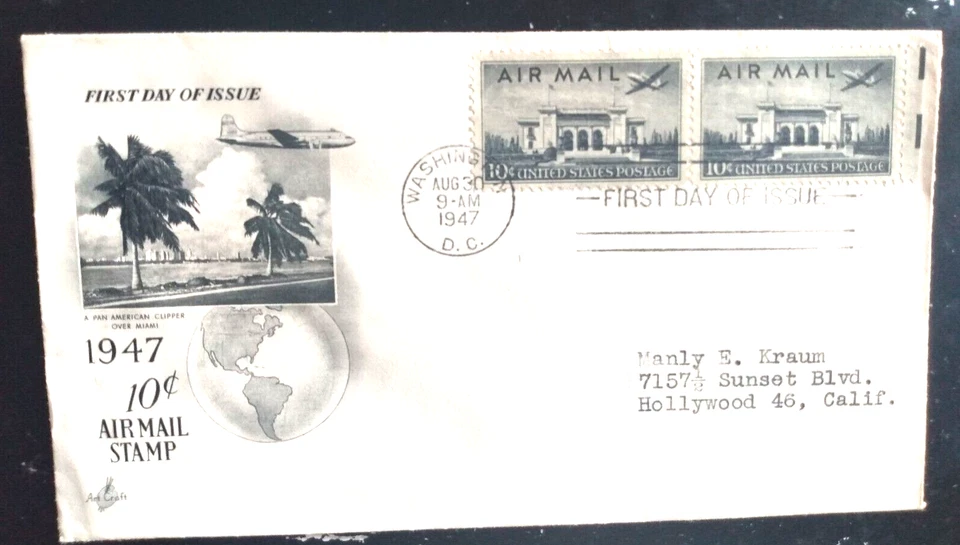 PAN AMERICAN CLIPPER AIRPLANE AIR 1947 ARTCRAFT CACHET FDC stamp pair #c34 - Image 1 of 1