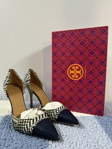 TORY BURCH Penelope 100mm Heel CAP-TOE D'ORSAY Pump Multi/Ink Navy Woven 55506 - Picture 1 of 12