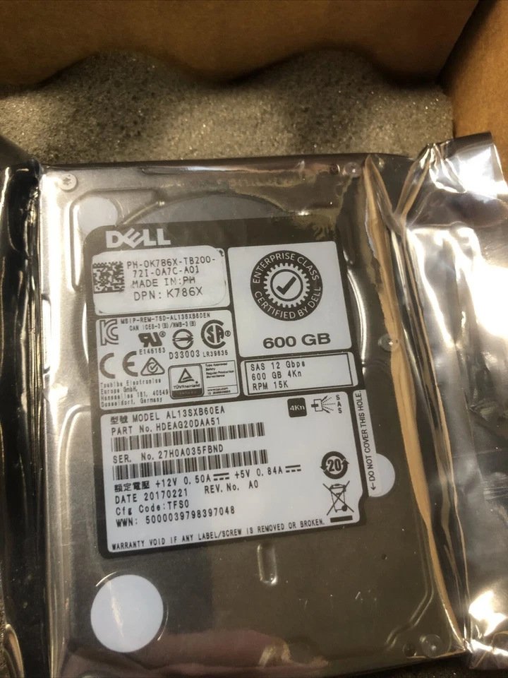 K786X DELL 600GB 15000RPM SAS 12GBPS 4KN 2.5" HDD AL13SXB60EA 0K786X - Image 1 of 1