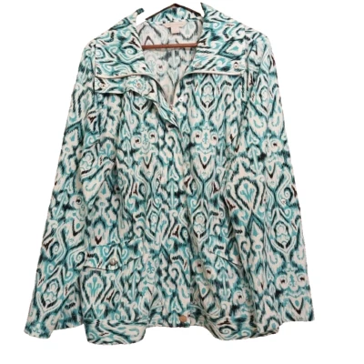 Laura Ashley Women 2X Aqua Blue Paisley Jacket Tab Sleeve Zip Work/Travel/Casual - Image 1 of 4