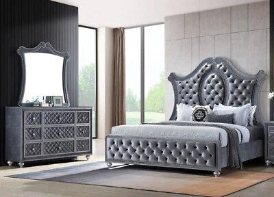 Beautiful Glam 3pc Traditional Gray Upholstered Queen Bed Dresser Mirror Set - Image 1 of 4