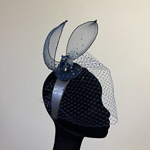 Designer Headpiece Headband Fascinator Hat Crystal Navy Crin Bow Handcrafted UK