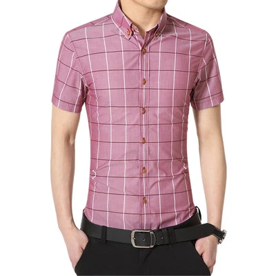 男式礼服衬衫短袖豪华休闲格子检查修身吊带衬衫 — 第 1/4 张图片