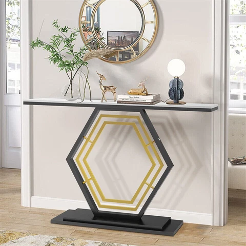 Solid Marble Console Table Side Table Entryway Hallway Table Hexagon Metal Frame Cover