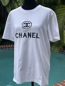 Chanel Iconic Blk CC Logo White T Shirt Top Blouse L - Picture 1 of 6