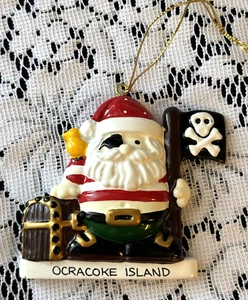 Vintage Ocracoke Island Christmas Ornament Santa Pirate w/ Treasure 3" x 3.5" - Picture 1 of 2