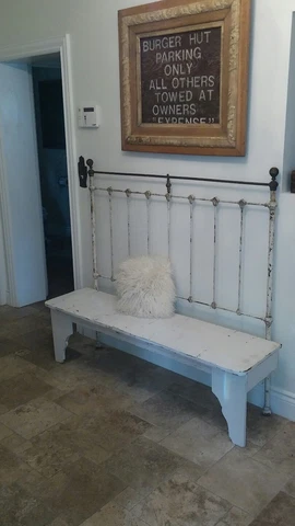Antique Shabby white  tall  bench made out of antique iron bed Michigan Cover