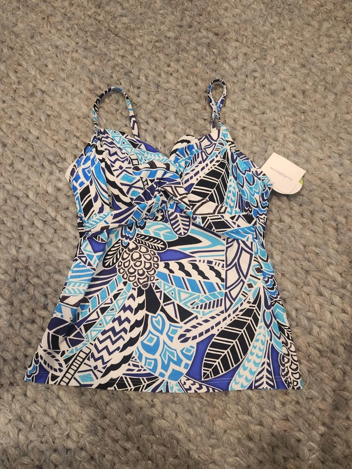 new croft & barrow twist front womens tankini top sz 12  swimsuit  blue white - Image 1 of 1