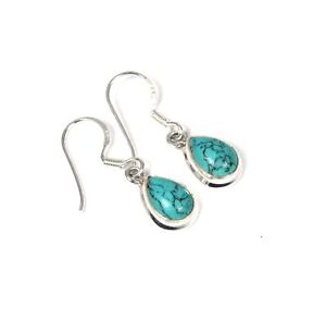 925 Solid Sterling Silver Blue Turquoise Hook Earring-1 INCH v182