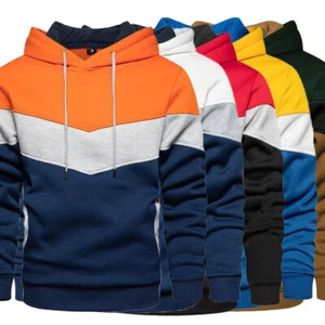 Mens Fleece Lined Hooded Sweatshirts Color Block Long Sleeve Drawstring Pullover - Picture 1 of 29