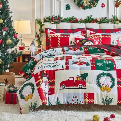 Christmas Comforter Set 3 Pieces Queen Size 88X88 Inches, Snowman Snowflake Deer - Image 1 of 4