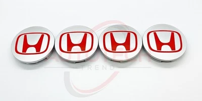 Silver/Red HONDA Set Of 4 Wheel Center Caps 69MM Foto 1 de 4
