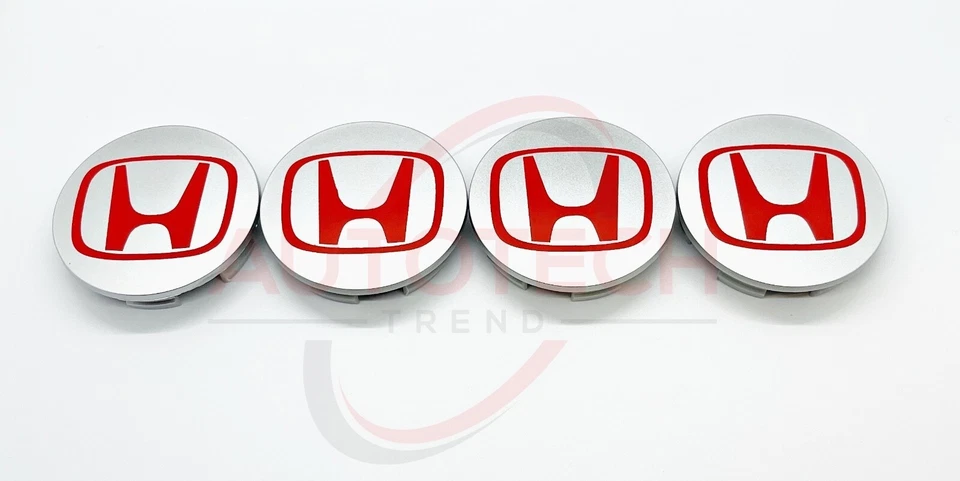 Silver/Red HONDA Set Of 4 Wheel Center Caps 69MM Foto 1 de 4