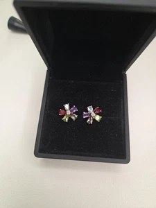 Diamond Studs Multi Gemstone Flower Earrings 925 sterling Silver Gold Vermeil  - Picture 1 of 5