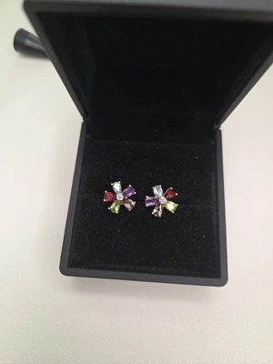 Diamond Studs Multi Gemstone Flower Earrings 925 sterling Silver Gold Vermeil  - Image 1 of 4