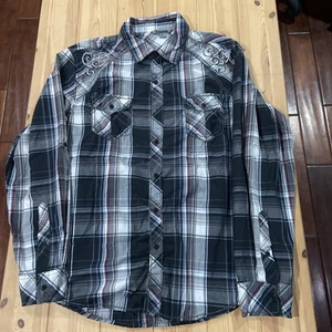 Machine Shirt XL Black Plaid Button Embroidery Crest Logo Script Hip Hop Y2K - Picture 1 of 7