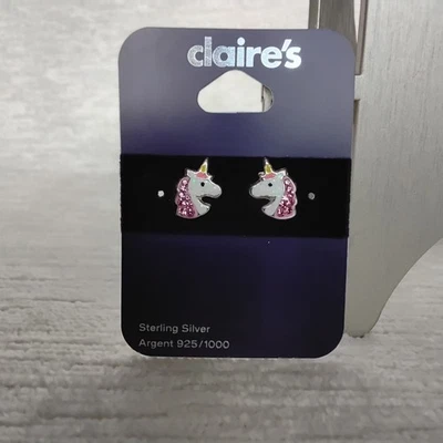Pendientes Unicornio Claire's Plata de Ley 925 Poste Tachuelas Brillo Rosa Blanco Nuevos Foto 1 de 4