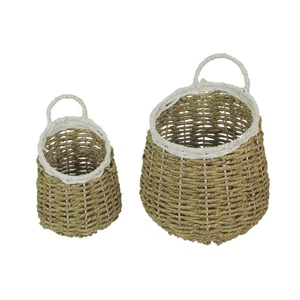 Set of 2 Natural and White Hand-Woven Seagrass Round Baskets Bohemian Decor - Picture 1 of 5