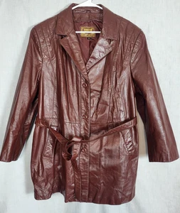 Vintage 70s Genuine Leather Belted Coat Women’s Chocolate Red Sz 20.5 (XL / 2XL) - Picture 1 of 7