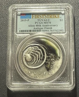 Moneda de plata envejecida Tuvalu 2019-P de $2 de dos oz: Alien 40th Annv-PCGS MS70-ver descripción Foto 1 de 4
