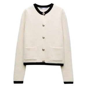 Zara CARDIGAN MAGLIA BOTTONI DORATI L avorio nero orlo donna Old Money classico  - Foto 1 di 7