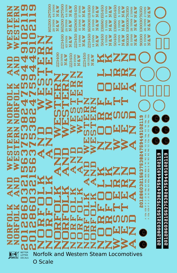 K4 O Scale Decals Norfolk and Western Steam Locomotive Bronze Gold - Image 1 of 3