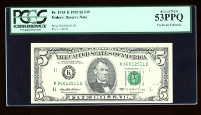 DBR 1995 $5 FRN Dallas Fr. 1985-K PCGS 53 PPQ Serial K86012911B - Image 1 of 2
