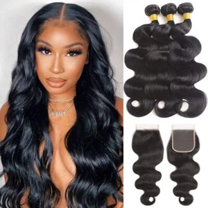 Human Hair Bundles with Closure Body Wave 4×4 Lace Closure Human Hair Extensions - Picture 1 of 17