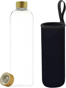 Glass Water Bottle 1L with Bamboo Lid and Stainless Steel Lid (Matte Gold, Black - Picture 1 of 12