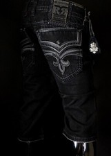 $220 Mens Rock Revival Jeans "Matlock" Jet Black Leather Inserts Shorts 44