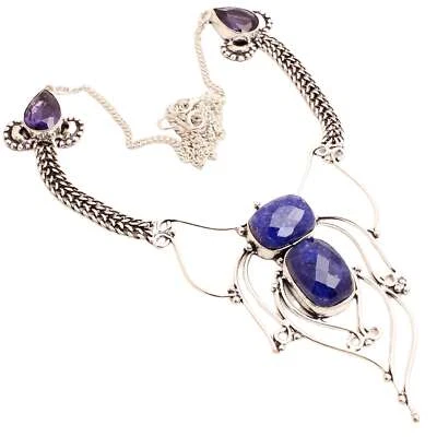 Collana In Argento Placcato Con Gemma Shappire Fatta A Mano Regalo 28 G - Immagine 1 di 3