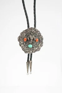Vintage Sterling Silver Turquoise and Coral Bolo Tie #9 - Picture 1 of 5