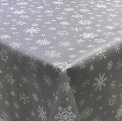Textured Grey Snow Flakes Christmas PVC Vinyl Wipe Clean Tablecloth Waterproof - Image 1 of 4