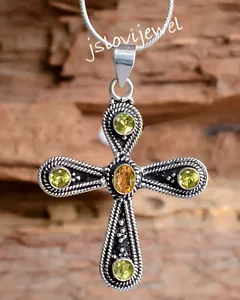 Peridot Cut & Citrine Gemstone 925 Sterling Silver Man's Cross Pendant/P-1191 - Picture 1 of 6