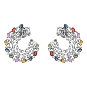 Diamond 3.71Ct & Multi Colored Sapphire 6.57Ct Floral Earrings 14K White Gold - Picture 1 of 5